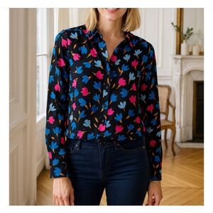 J. Crew Sz Small Floral Ruffle Neck Button Front Long Sleeve‎ Blouse Preppy Work